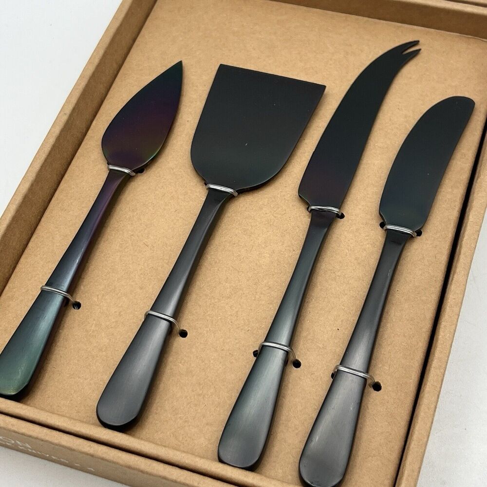 Set 4 NEW Black Pottery Barn Mason Cheese Knives Satin Gunmetal Charcuterie